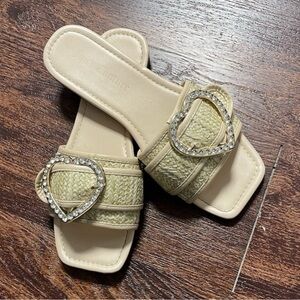 Juicy Couture Pale Yellow Raffia Slide Sandals with Crystal Heart Buckles